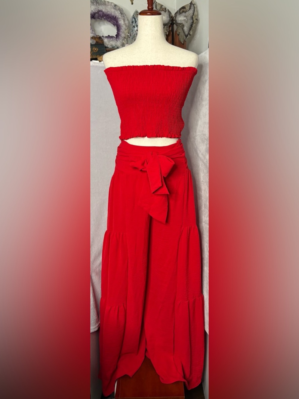 Fashion Nova Red Two Piece Set Smocked Tube Top Wide Leg Pants XL NWT